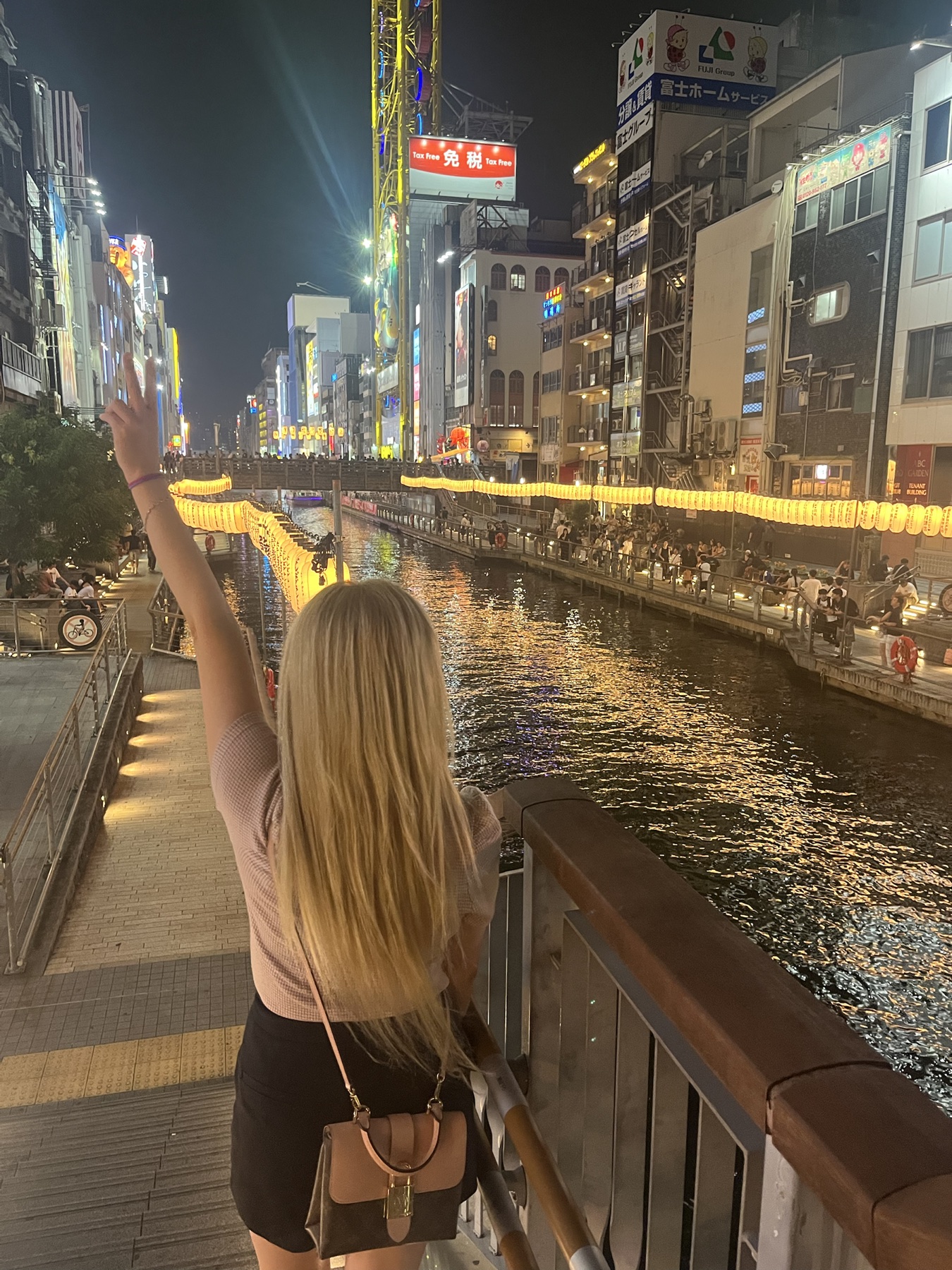 A private tour guest overlooking Dotonbori at night